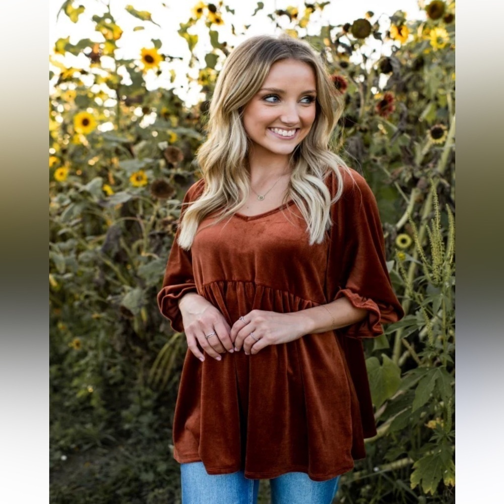 Honeyme Curvy 3X Rust Velvet Velour Peplum V Neck Boho Top